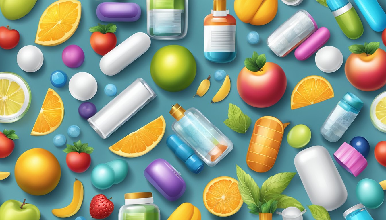 A vibrant and diverse array of medical and wellness items, such as pills, fruits, and exercise equipment, surrounded by a protective shield