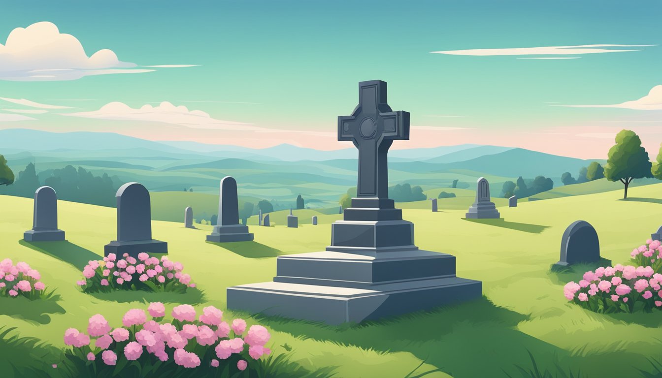 A serene cemetery with a gravestone and flowers, set against a backdrop of rolling hills and a peaceful sky