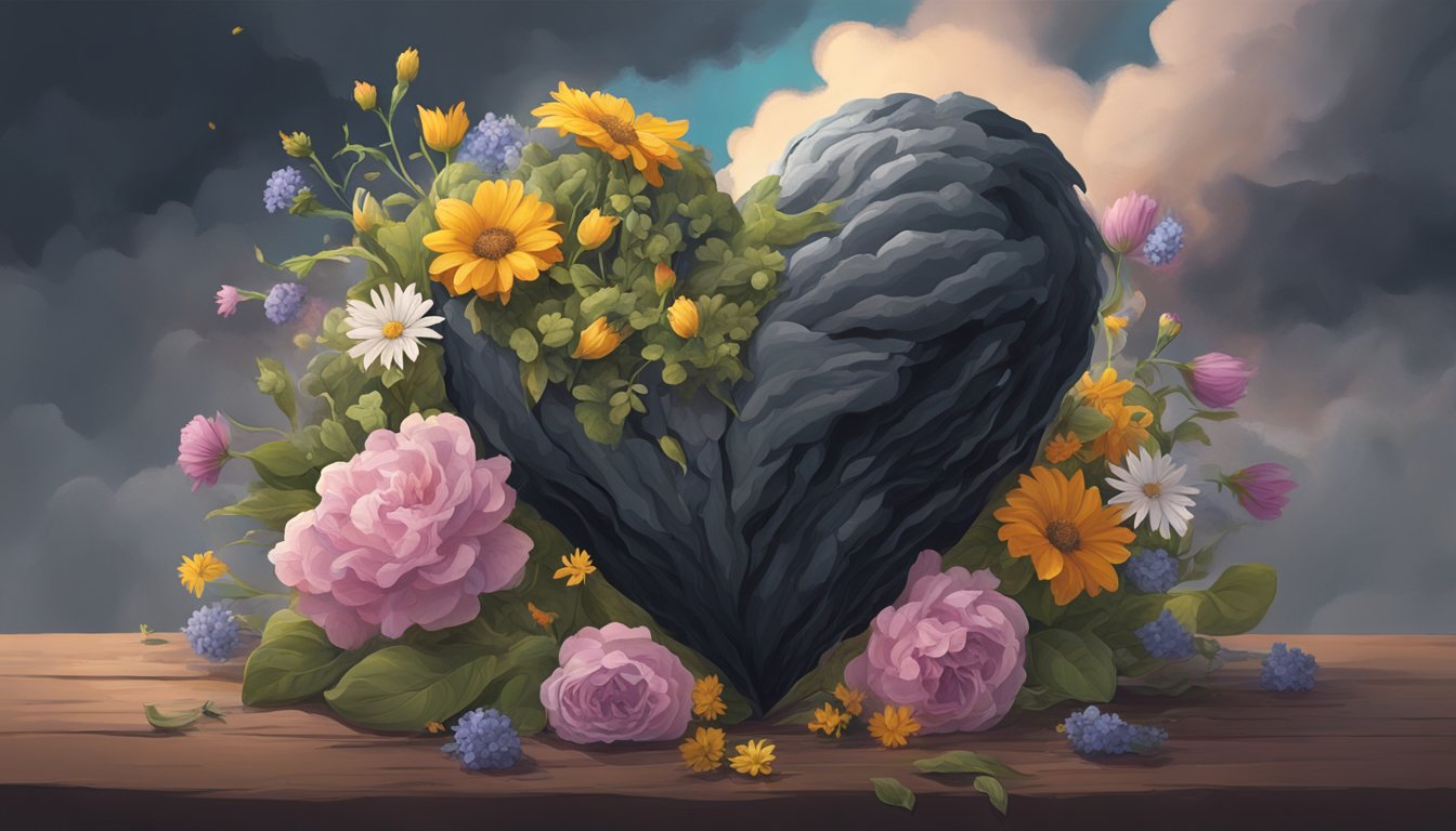 A dark storm cloud casting a shadow over a healthy heart surrounded by wilted flowers