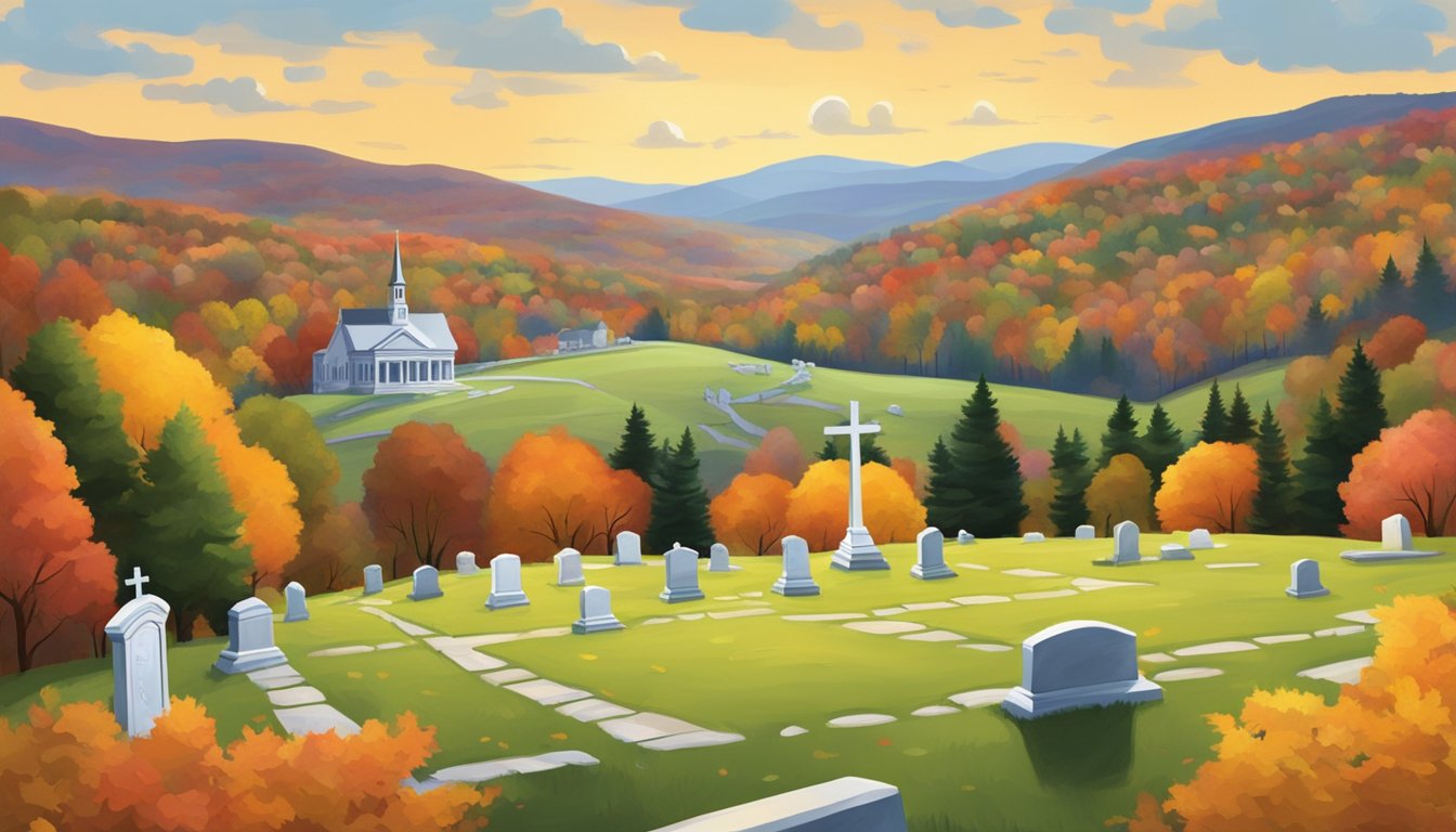 A serene Vermont landscape with a peaceful cemetery nestled among rolling hills, framed by colorful autumn foliage