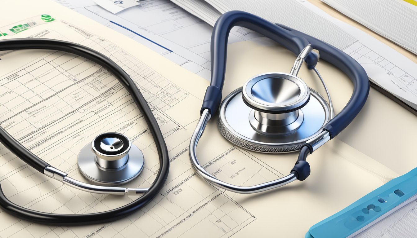 A stethoscope and a medical chart on a desk, surrounded by a stack of insurance policy documents