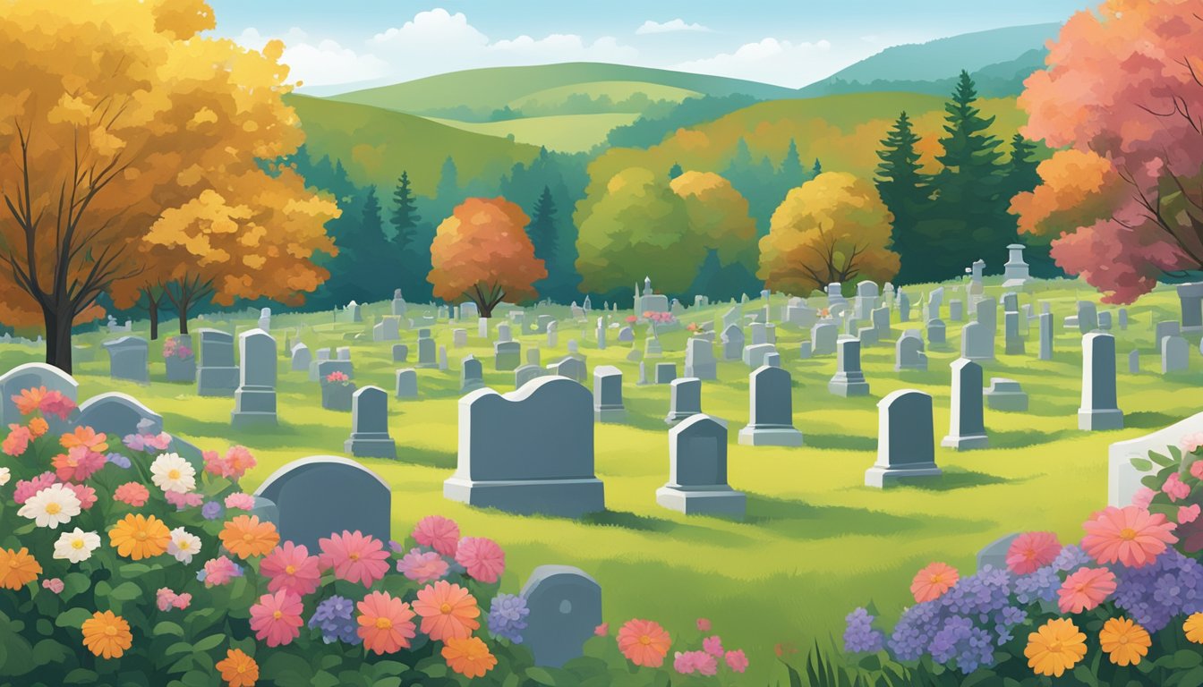 A peaceful cemetery nestled in the rolling hills of Vermont, with colorful flowers and tall trees providing a serene backdrop for burial insurance