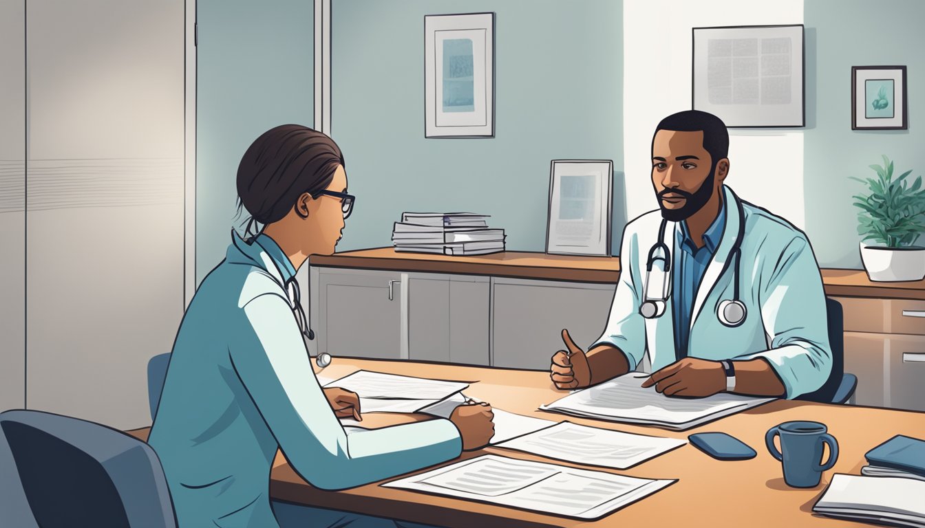 A doctor sitting at a desk, explaining a dread disease policy to a concerned patient. The doctor gestures to a brochure while the patient listens attentively