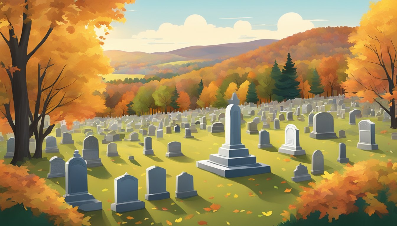 A serene cemetery nestled in the rolling hills of Vermont, with colorful autumn foliage and a peaceful atmosphere