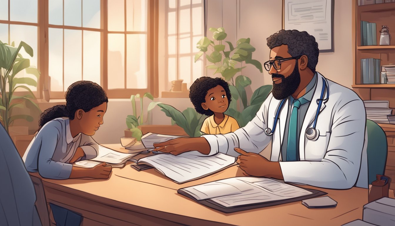 A doctor explaining a dread disease policy to a concerned family in a cozy office setting