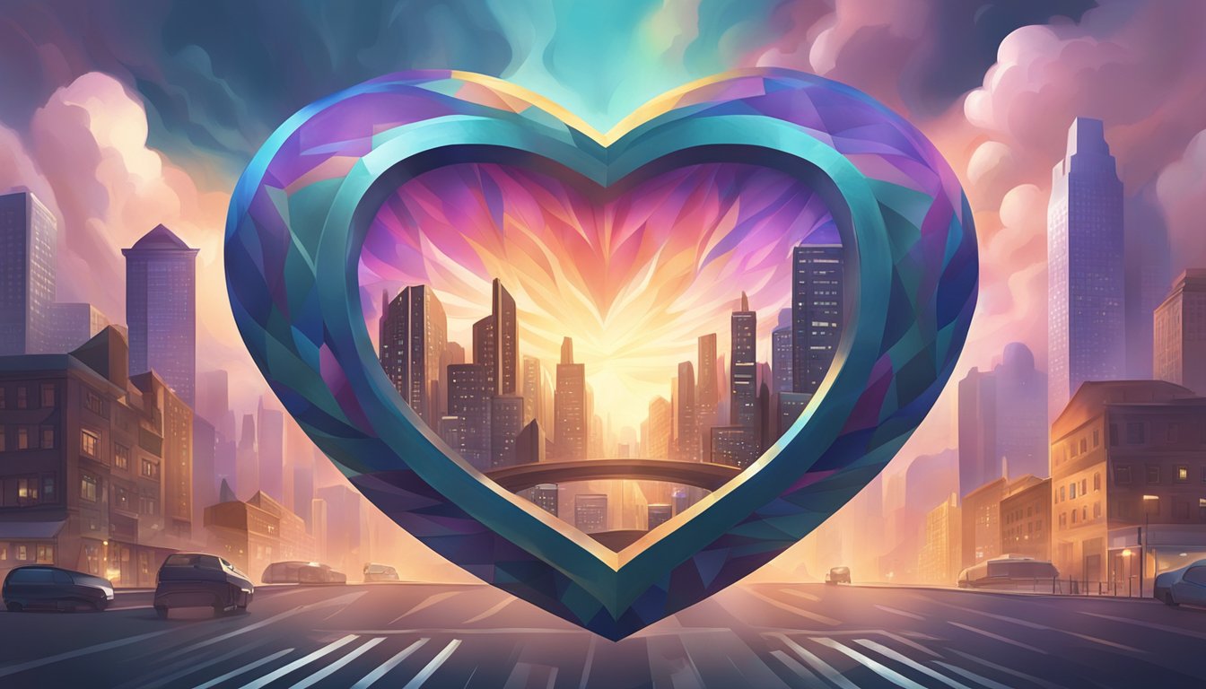 A heart-shaped shield protects a vibrant cityscape from ominous, swirling clouds