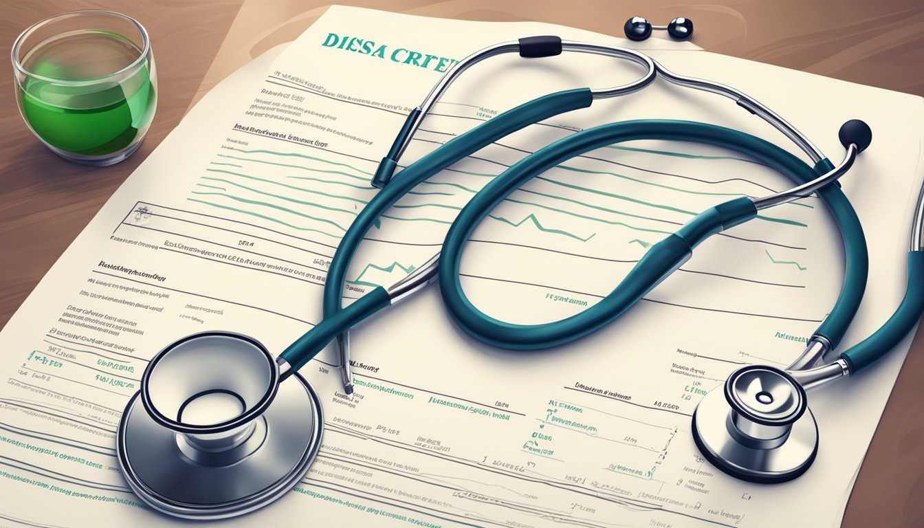 A stethoscope and a medical report on a desk, with a healthy heart and a diseased heart side by side