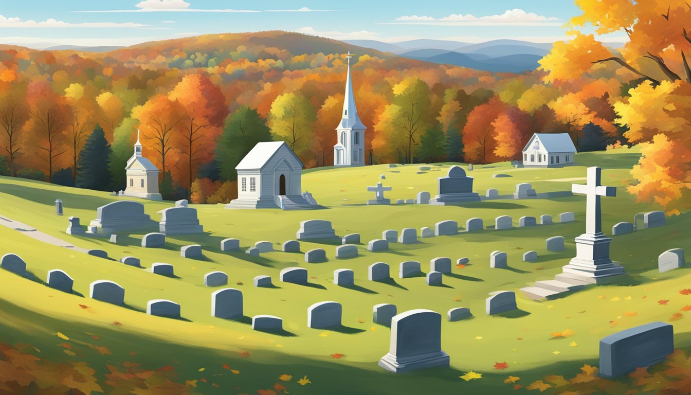 A serene landscape in Vermont with rolling hills, a peaceful cemetery, and a small chapel surrounded by colorful autumn foliage