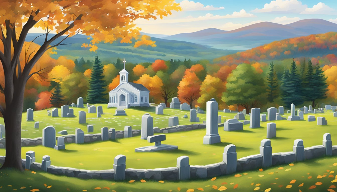 A peaceful Vermont landscape with a serene cemetery nestled among rolling hills and colorful foliage