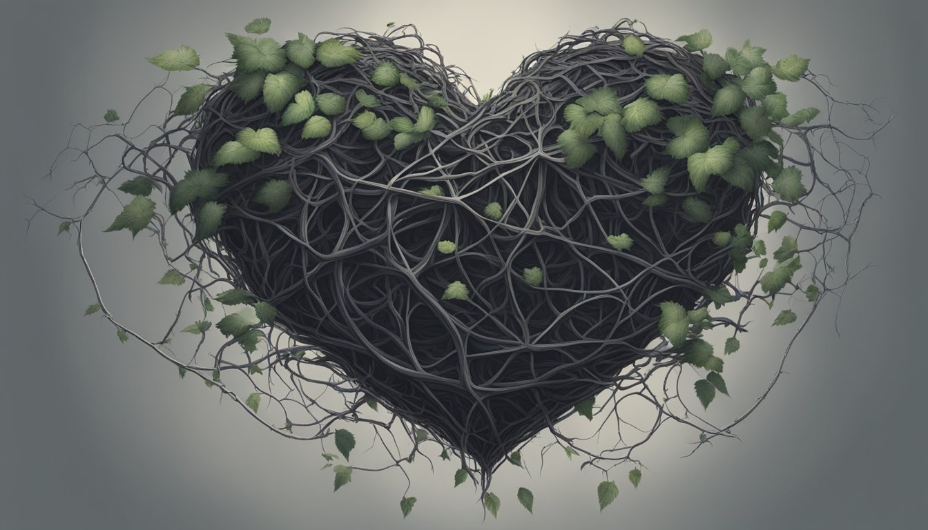 A dark, ominous cloud hovering over a healthy heart, surrounded by a web of tangled, thorny vines