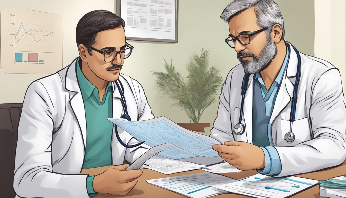 A doctor discussing dread disease policy with a worried patient, pointing to a pamphlet with charts and diagrams