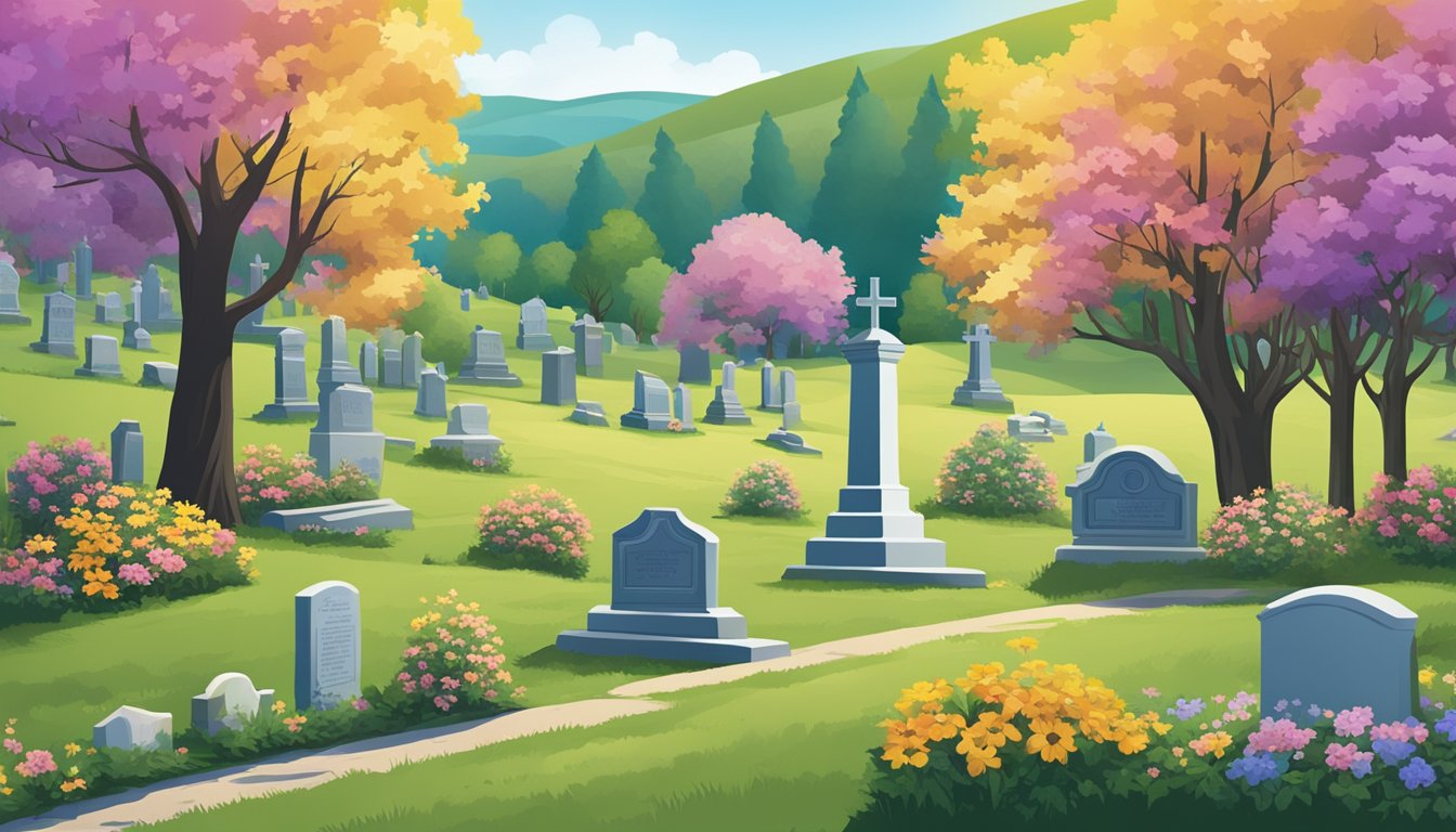 A peaceful cemetery nestled in the rolling hills of West Virginia, with colorful flowers and tall trees providing a serene backdrop for a burial insurance policy advertisement