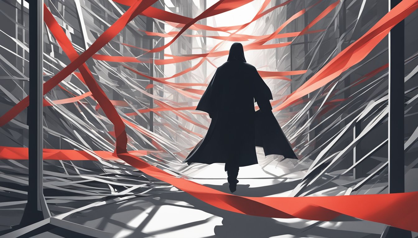 A shadowy figure looms over a tangled web of red tape, with sharp barriers cutting through the chaos