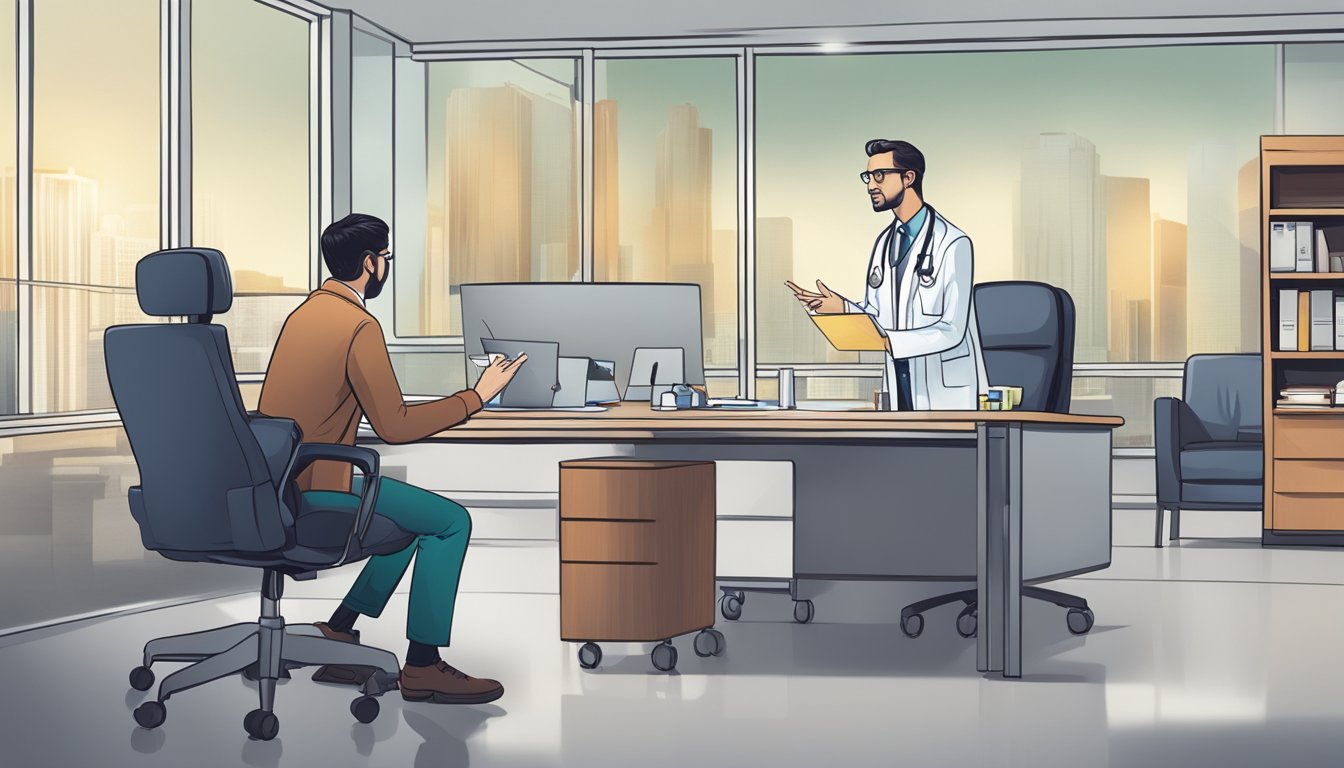 A doctor explaining a dread disease policy to a concerned patient in a modern office setting