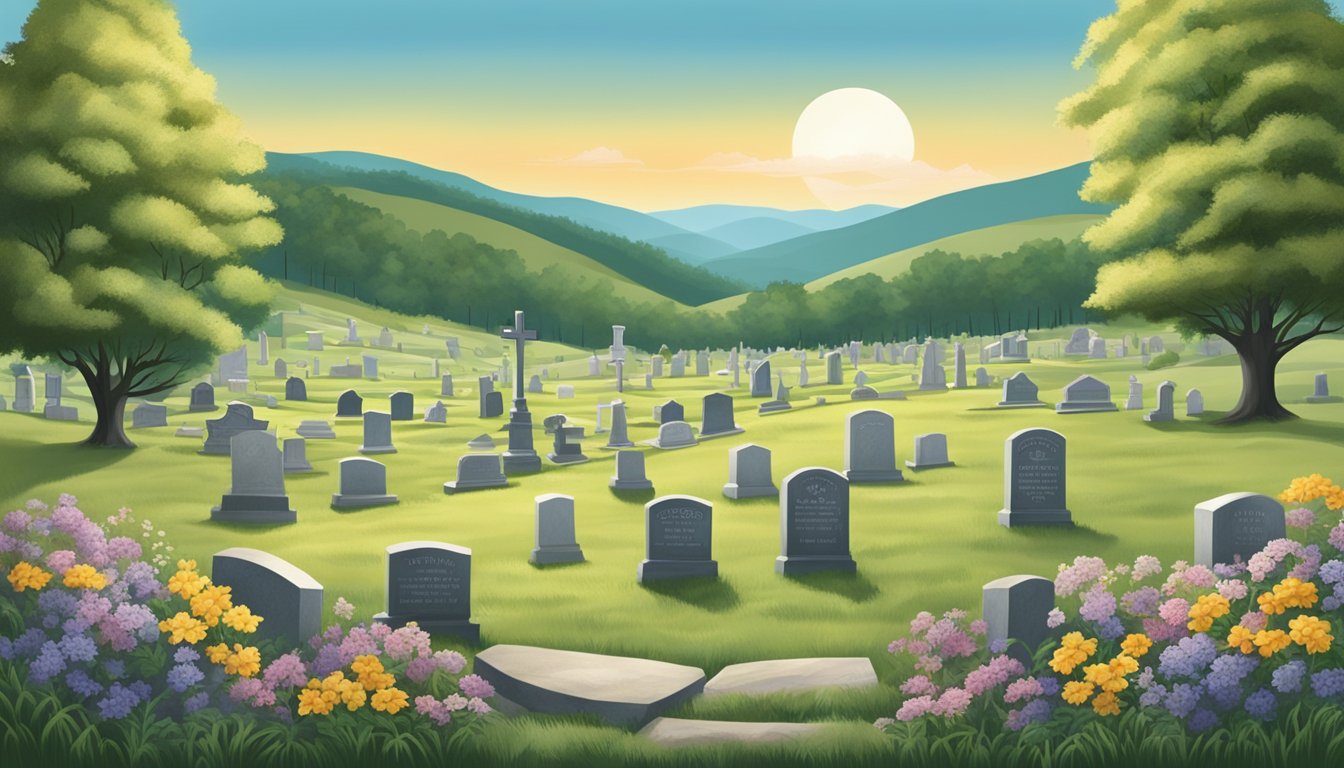 A serene cemetery in the rolling hills of West Virginia, with gravestones and flowers, surrounded by the natural beauty of the Appalachian Mountains