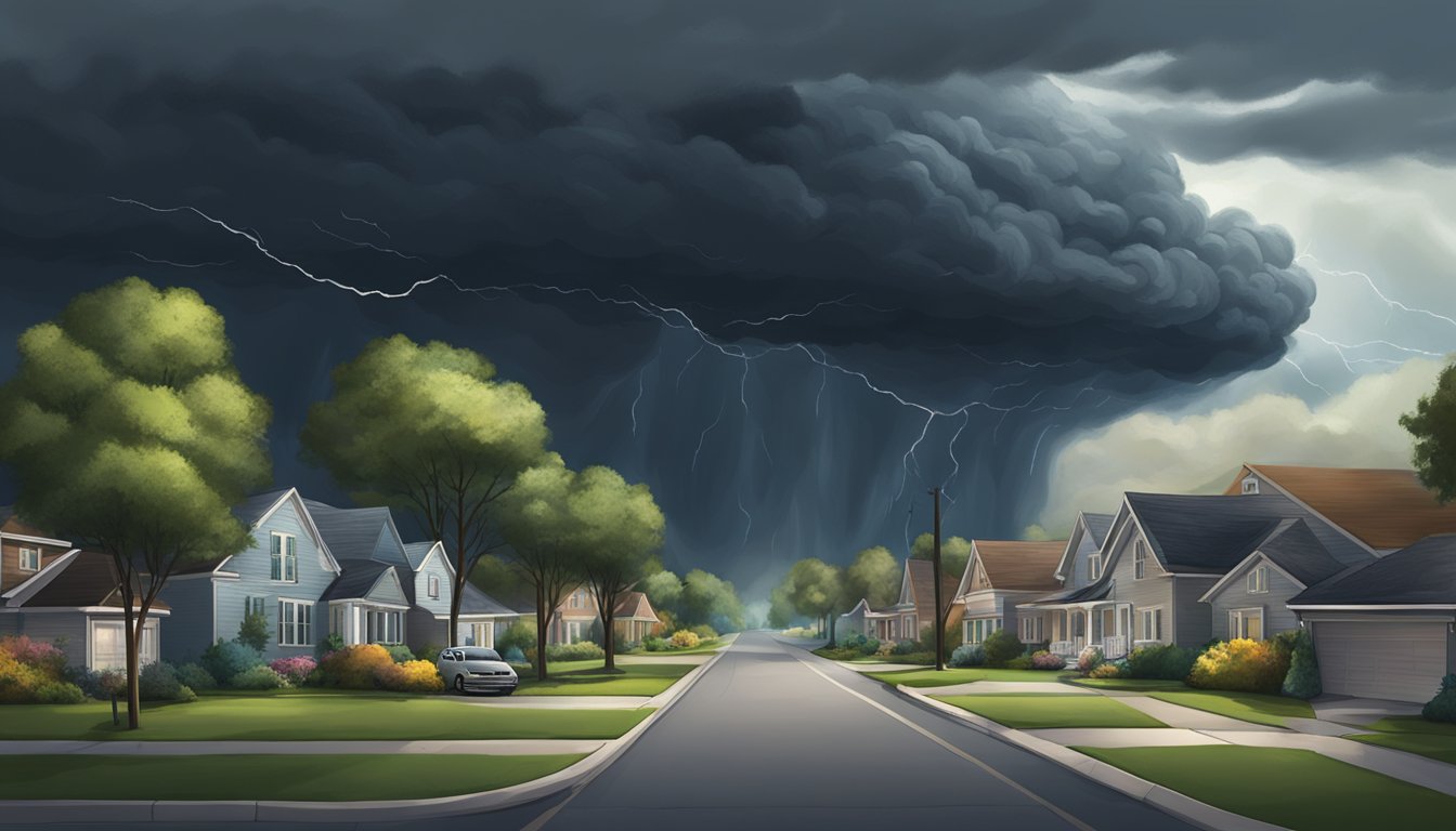 A dark storm cloud hovers over a peaceful suburban neighborhood, casting a sense of foreboding and unease