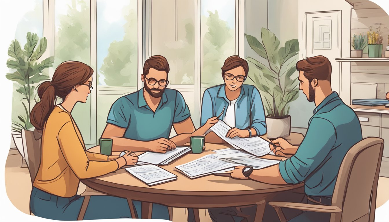 A family sitting around a table, discussing finances. A brochure for dread disease insurance is open, with a magnifying glass examining the details