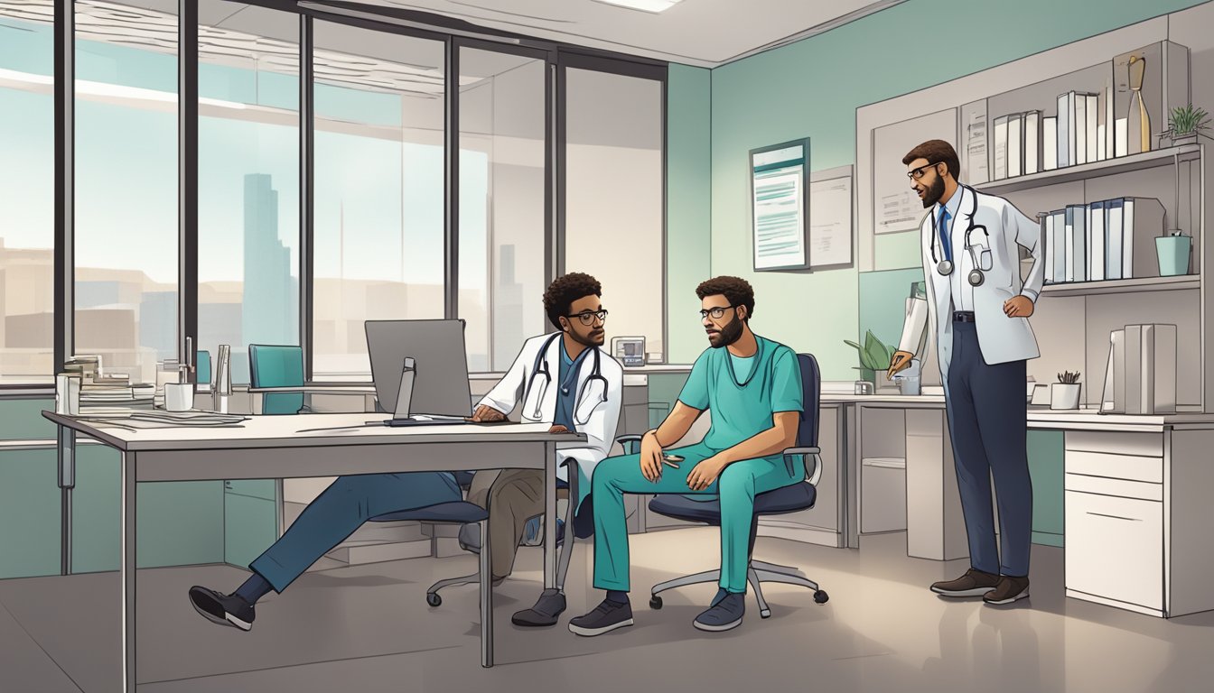 A doctor discussing dread disease policy with a worried patient in a modern office setting