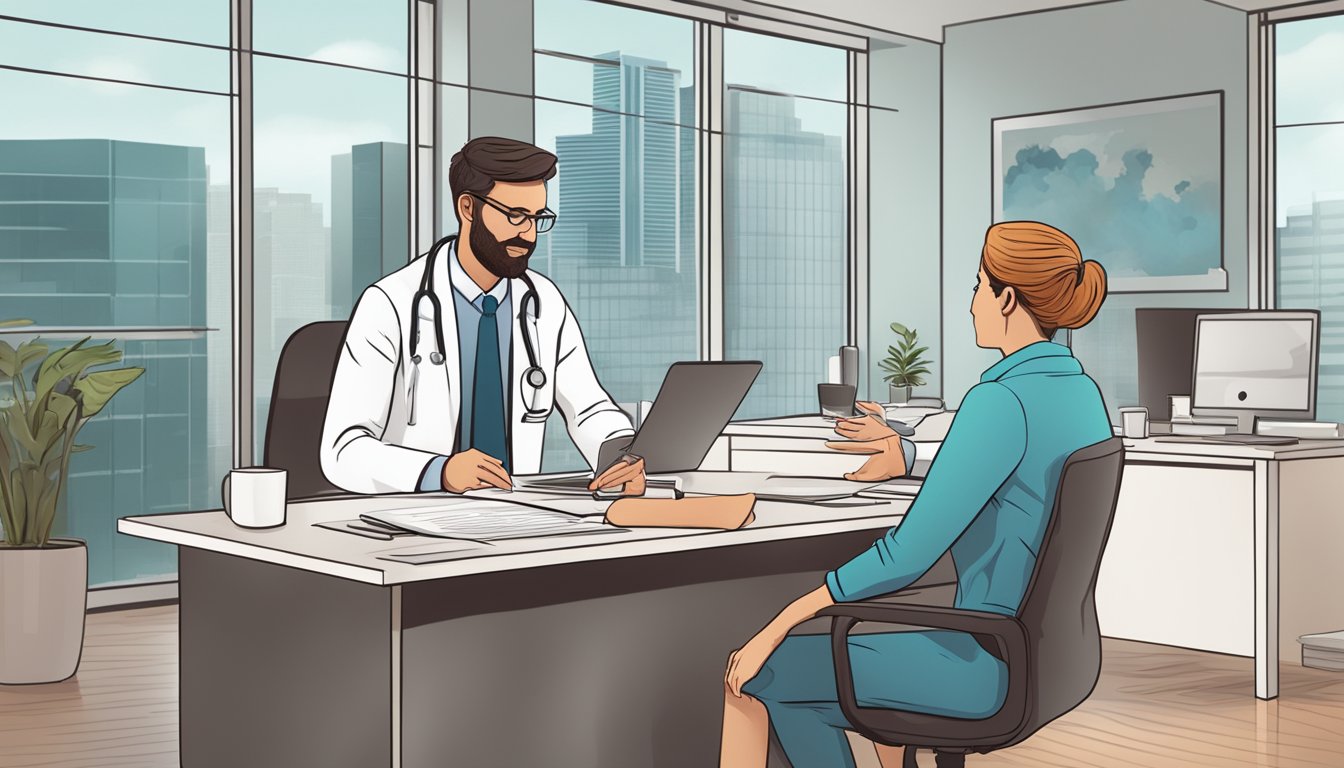 A doctor explaining dread disease insurance to a patient in a modern office setting