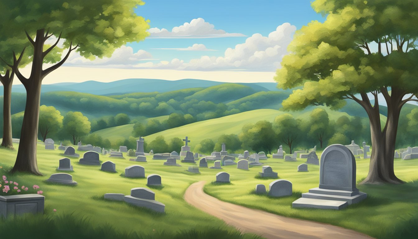 A serene landscape with rolling hills and a peaceful cemetery nestled among the trees in West Virginia