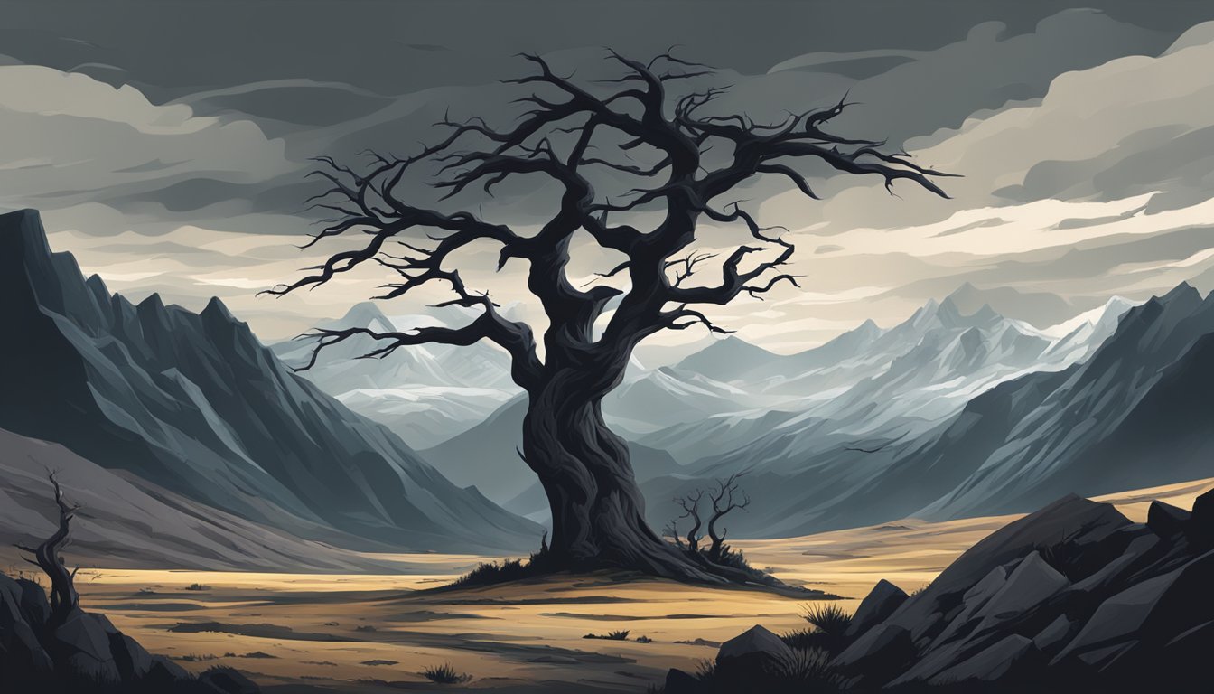 A dark, ominous sky looms over a desolate landscape, with jagged mountains and twisted trees creating a sense of foreboding