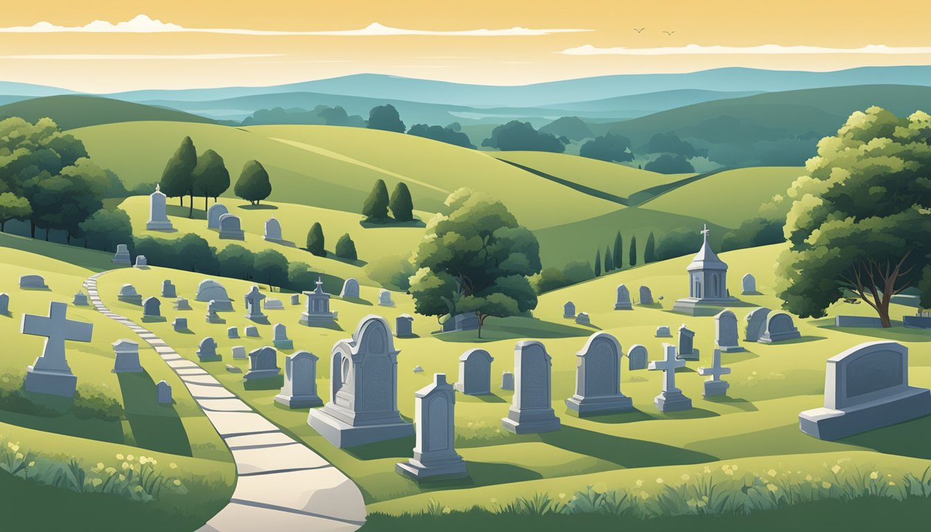 A serene cemetery with rolling hills, gravestones, and a small chapel in the background