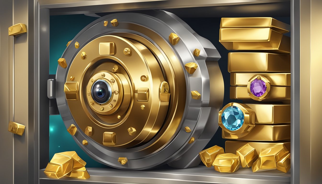 A sturdy lock secures a vault filled with gold bars and precious gems, protected by a vigilant security camera and a formidable insurance policy