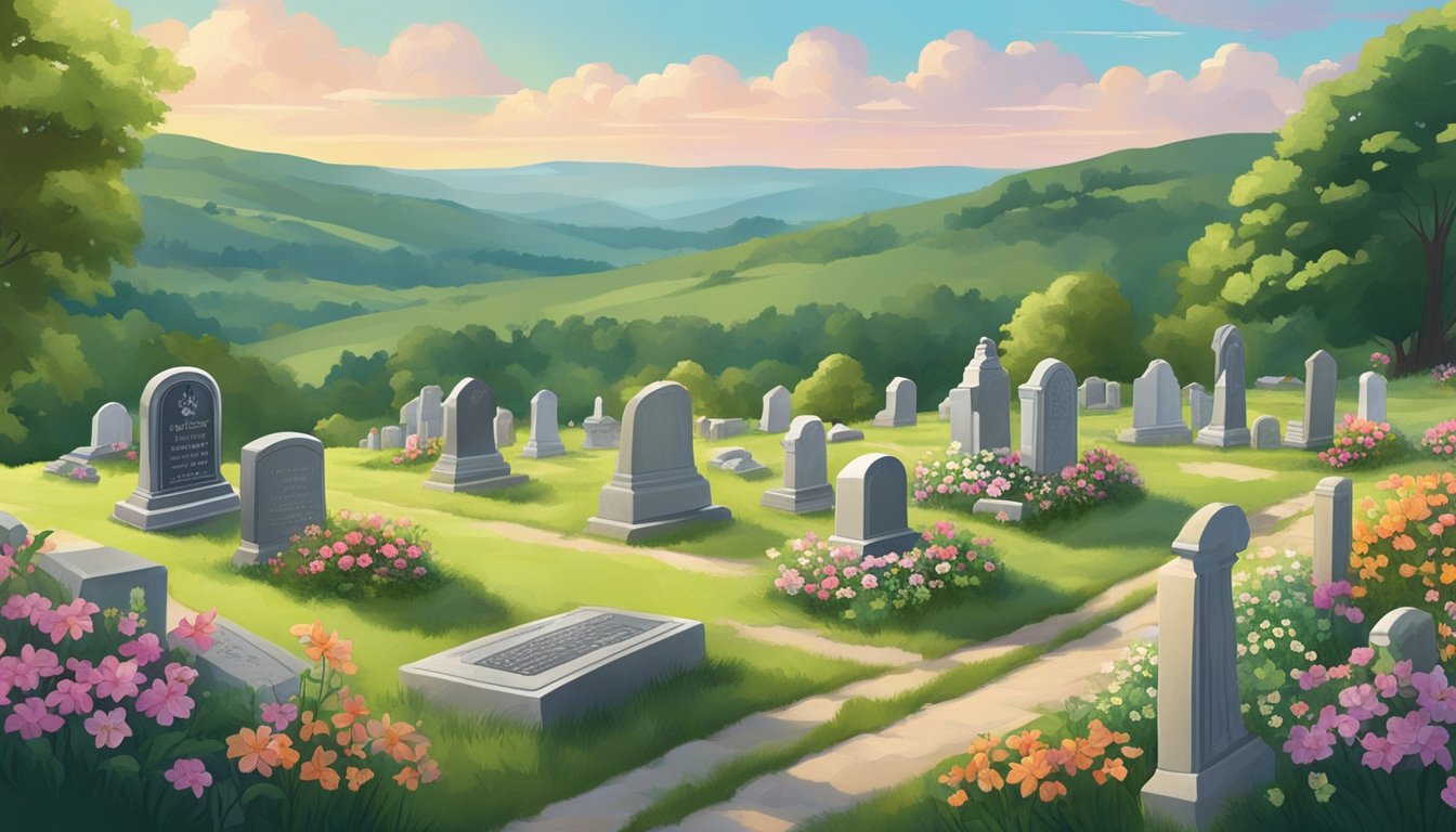 A peaceful cemetery nestled in the rolling hills of West Virginia, with gravestones adorned with flowers and surrounded by lush greenery