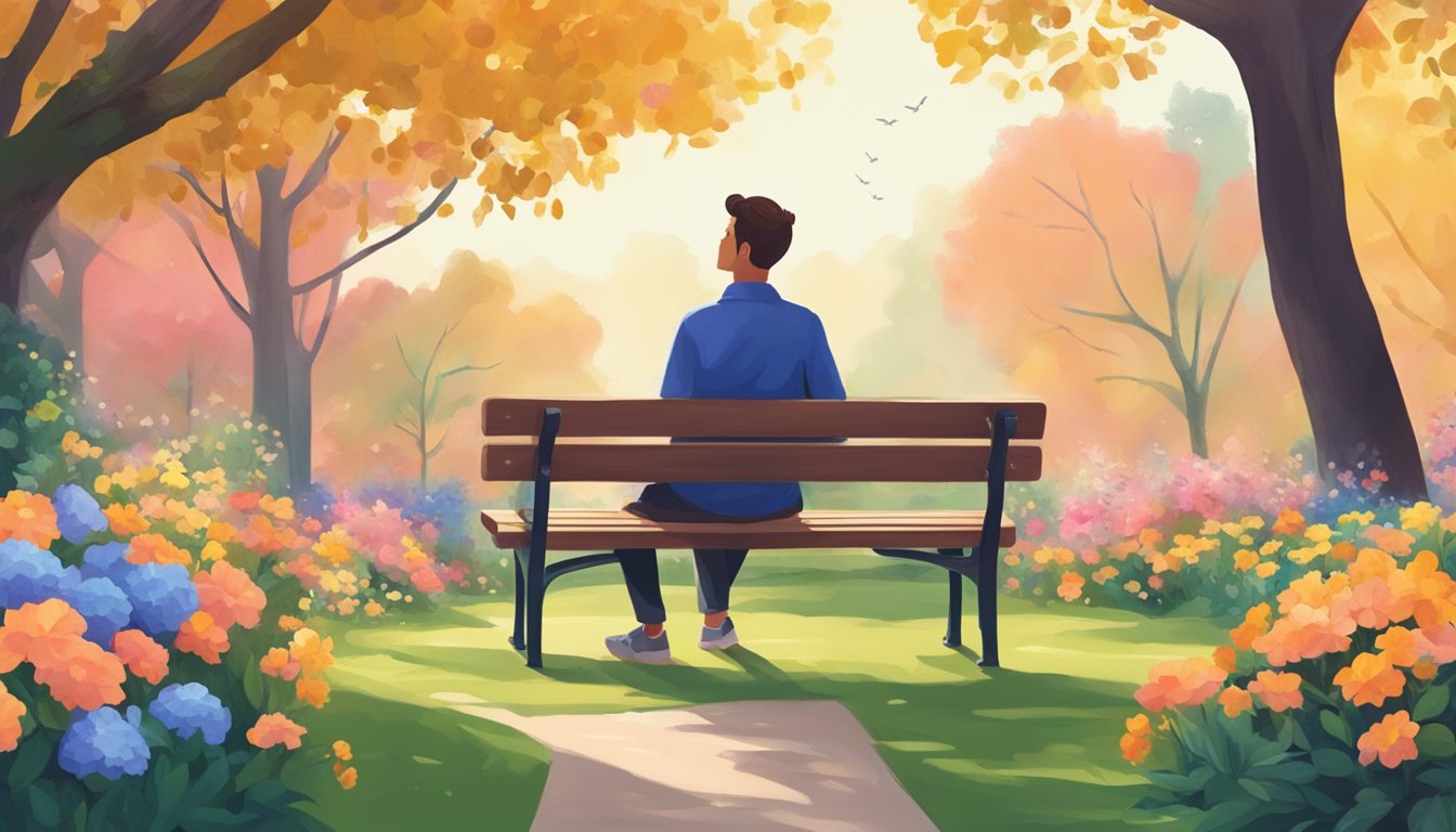 A person sitting on a park bench surrounded by vibrant flowers and trees, with a sense of peace and contentment