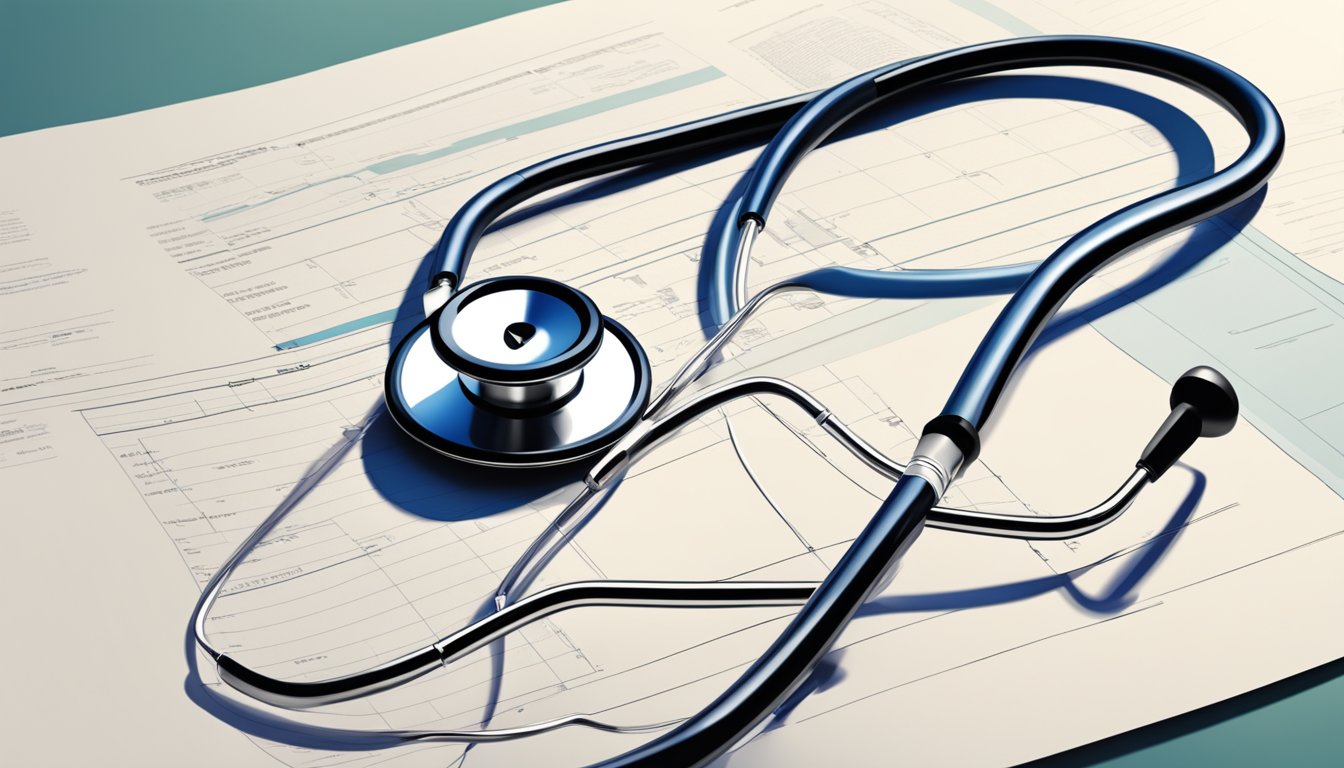 A stethoscope resting on a medical report with a shadow of a heart shape in the background