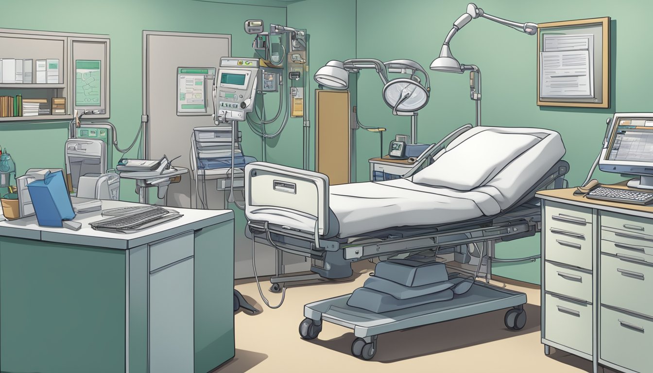 A hospital bed surrounded by medical equipment and a doctor's desk with paperwork and a computer screen displaying "Dread Disease Policy Terms and Conditions."