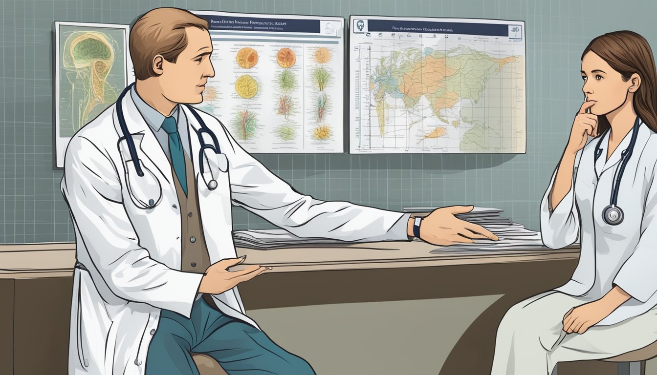 A doctor pointing to a chart of common dread diseases, while a concerned patient listens