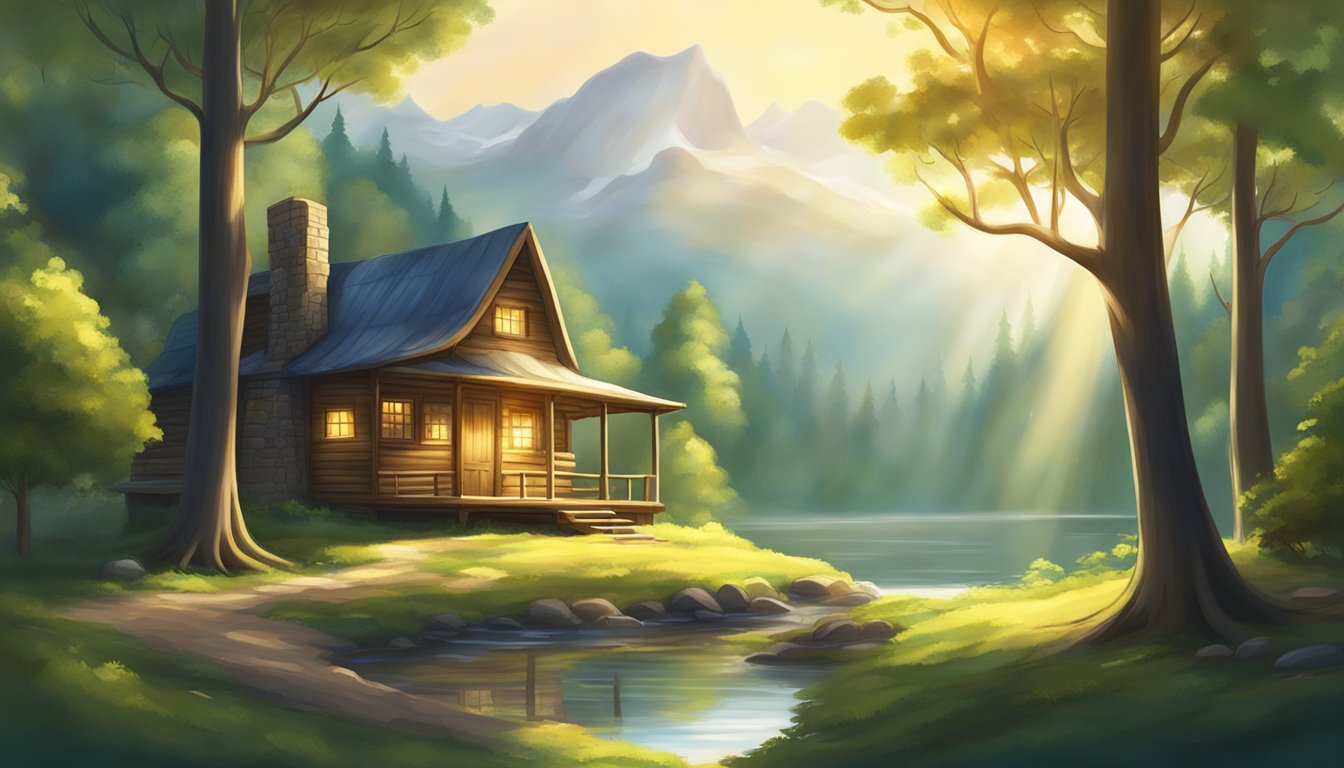 A serene forest with a winding river, sunlight filtering through the trees, and a small cabin nestled among the foliage