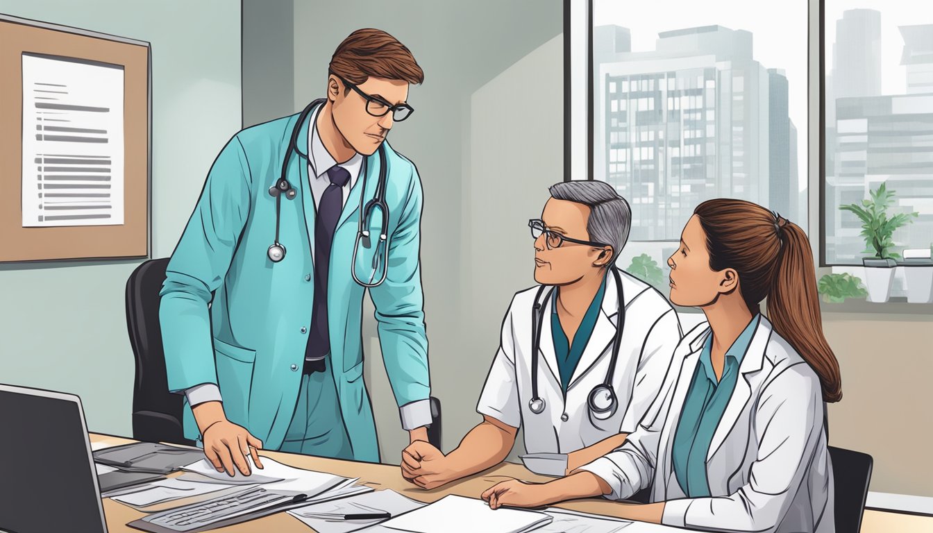 A doctor explaining a dread disease policy to a concerned patient in a modern office setting