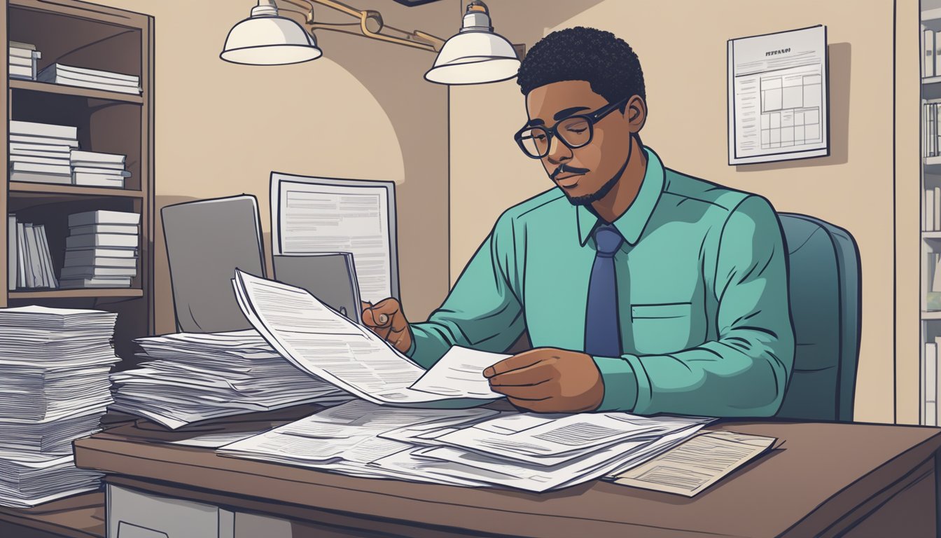 A person reviewing paperwork at a desk, with a stack of medical bills and a pamphlet about dread disease policy