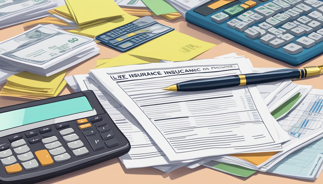 A desk cluttered with paperwork, a calculator, and a pen. A stack of insurance policy documents with a cash value life insurance policy on top