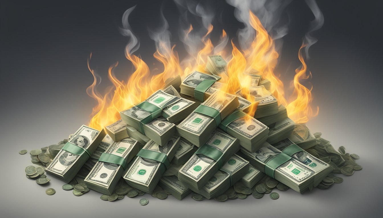 A pile of money burning in flames, surrounded by a dark cloud of smoke, symbolizing the negative financial implications of cash value life insurance