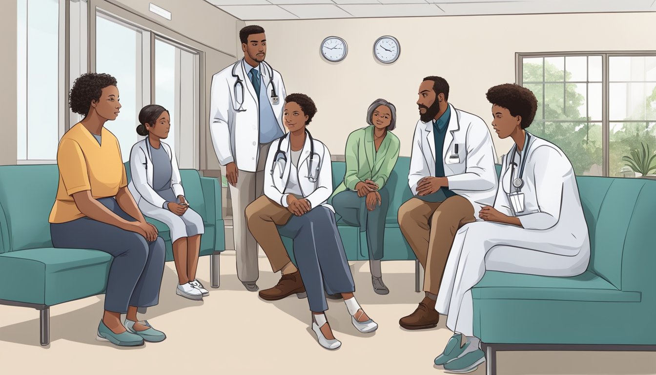 A doctor explaining dread disease policies to a concerned family in a hospital waiting room