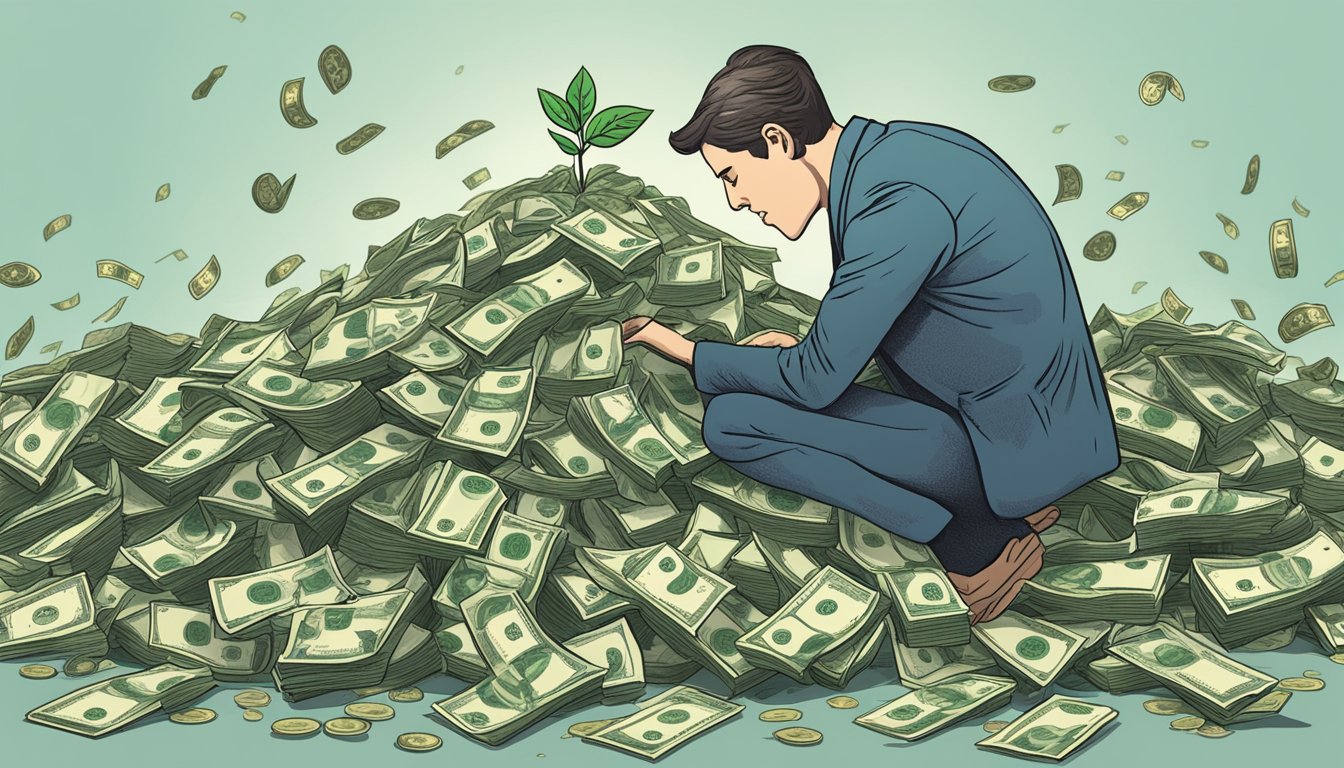 A person turning away from a pile of money and towards a wilted plant, symbolizing the lack of growth and benefit from cash value life insurance