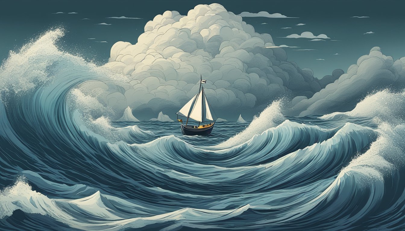 A stormy sea with a small boat navigating through rough waters, symbolizing the risks and challenges of cash value life insurance