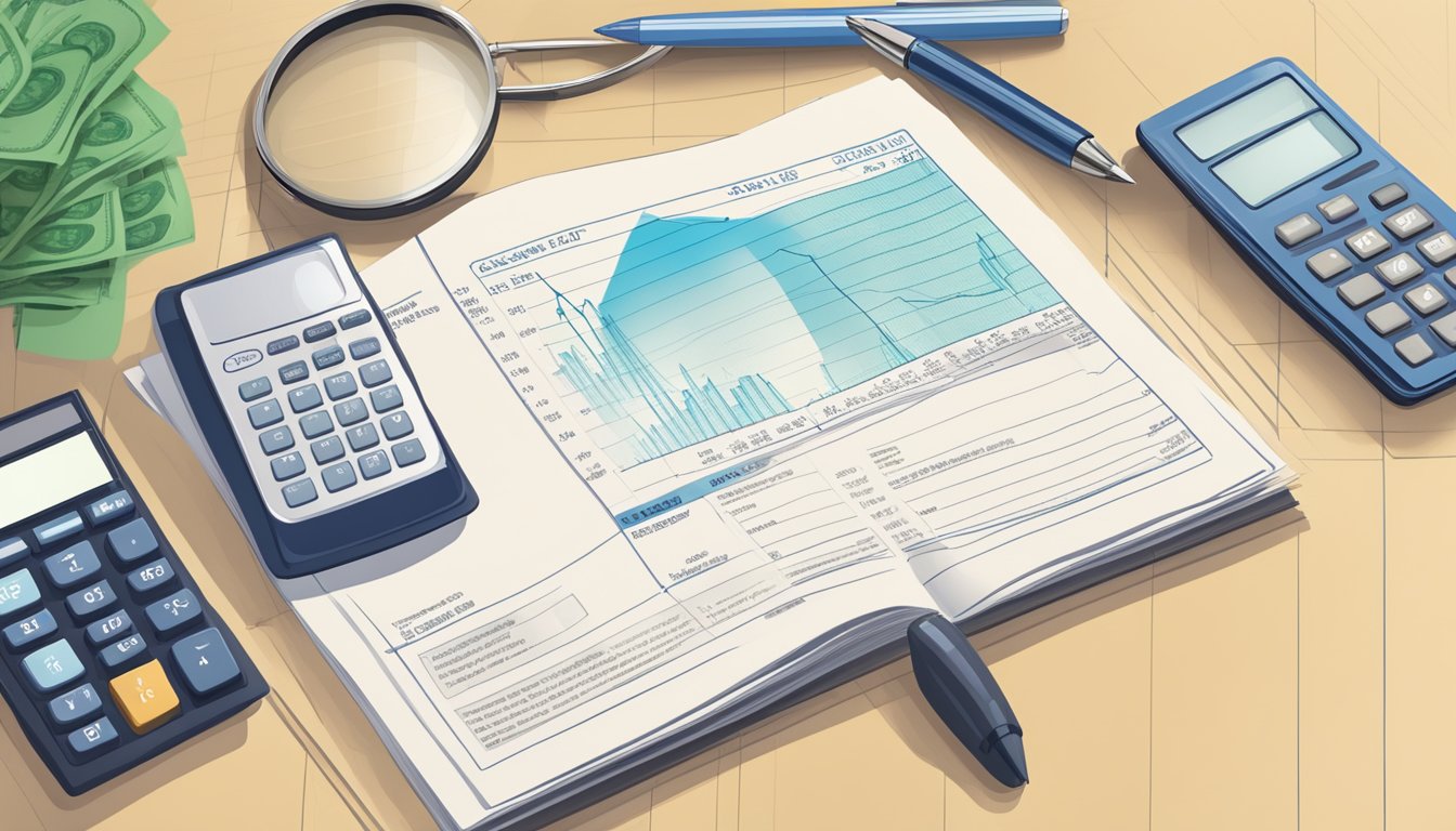 A desk with a calculator, pen, and paperwork. A graph showing cash value growth. A magnifying glass highlighting policy details