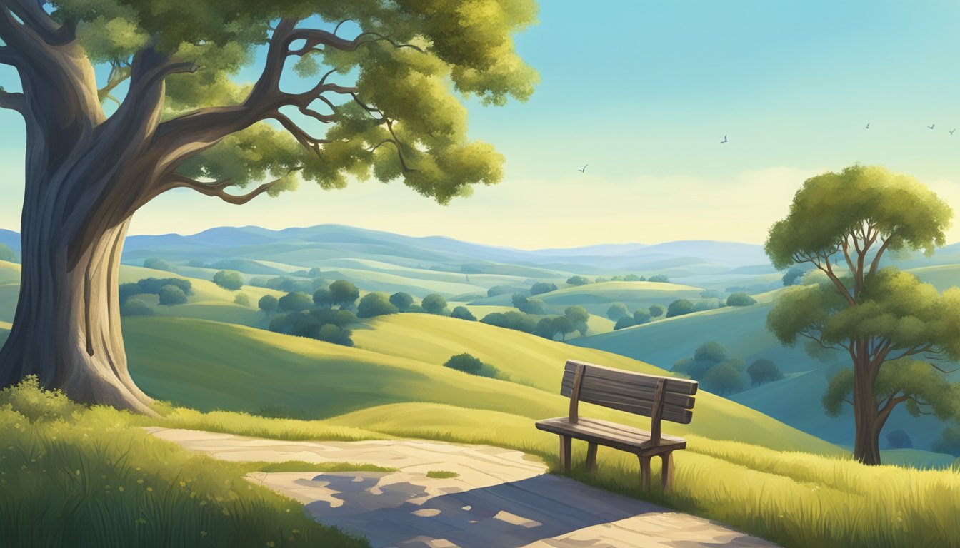 A serene landscape with a large oak tree and a wooden bench, surrounded by rolling hills and a clear blue sky