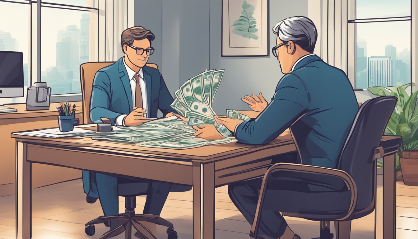 A person consulting with a financial advisor about cash value life insurance. The advisor is sitting at a desk, explaining the policy to the client