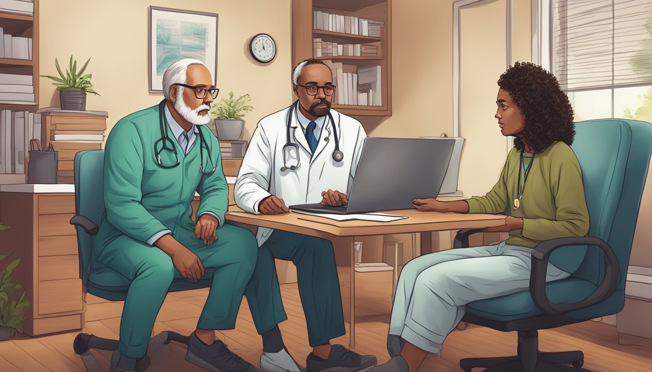 A doctor discussing dread disease policies with a concerned patient in a cozy office setting