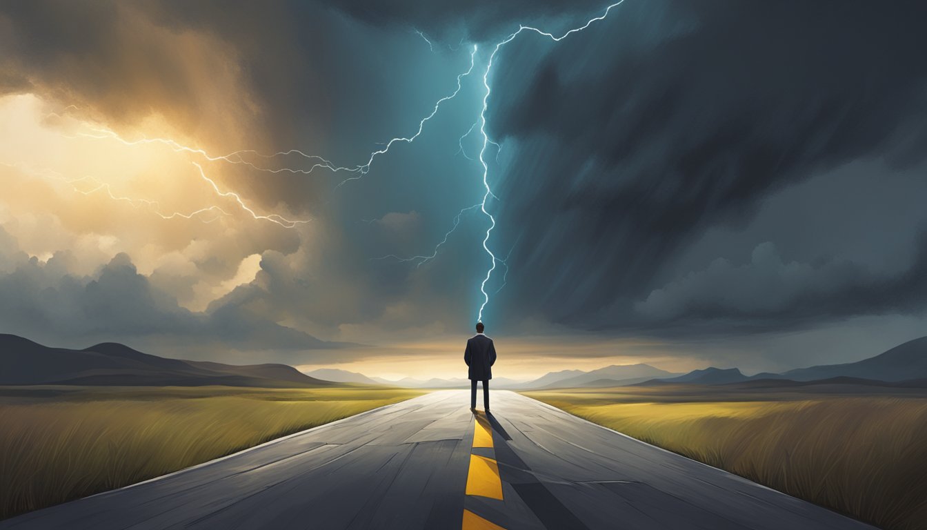 A person standing at a crossroads, one path leading to a dark, ominous storm and the other to a sunny, clear sky