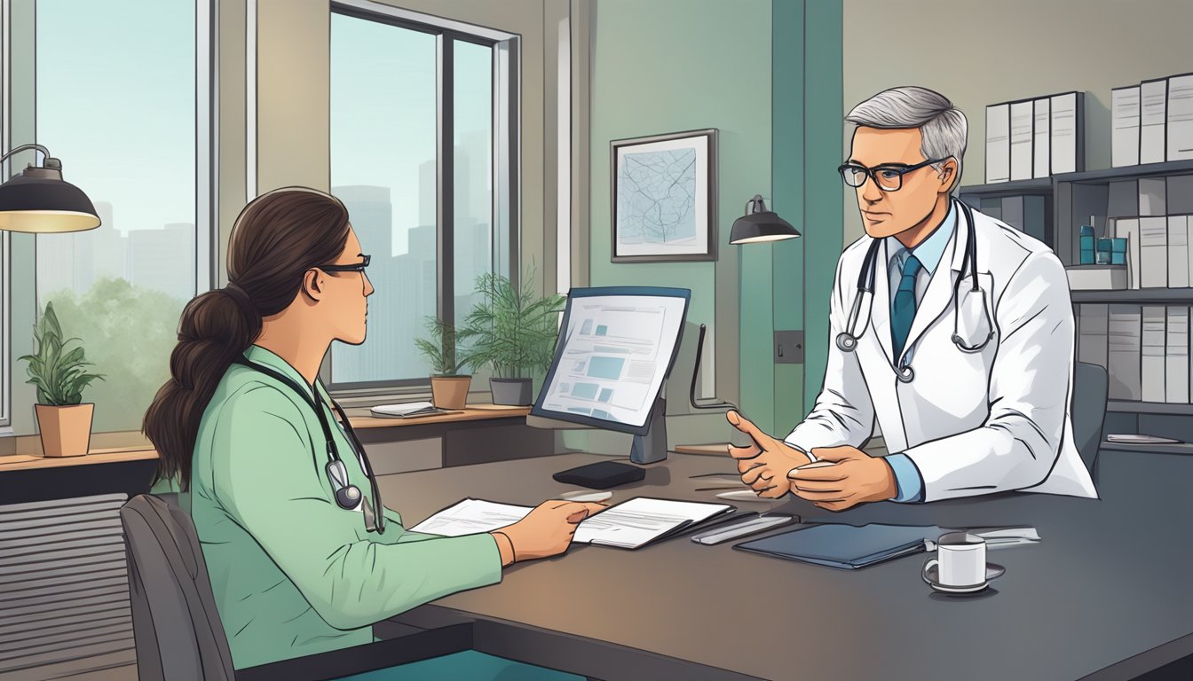 A doctor explaining the dread disease policy to a concerned patient in a modern office setting