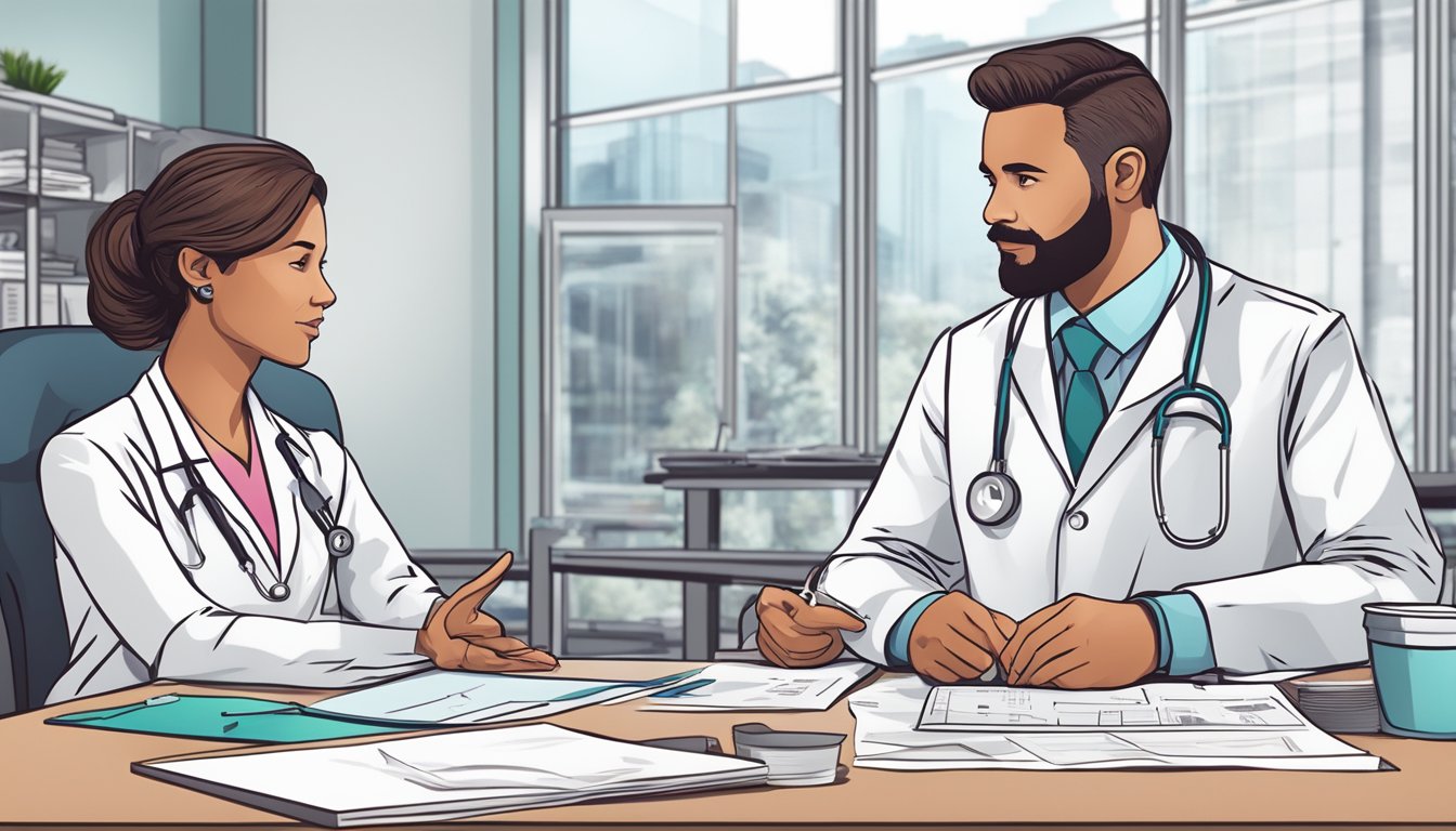 A doctor explaining dread disease policies to a patient in a modern office setting, with charts and medical equipment in the background