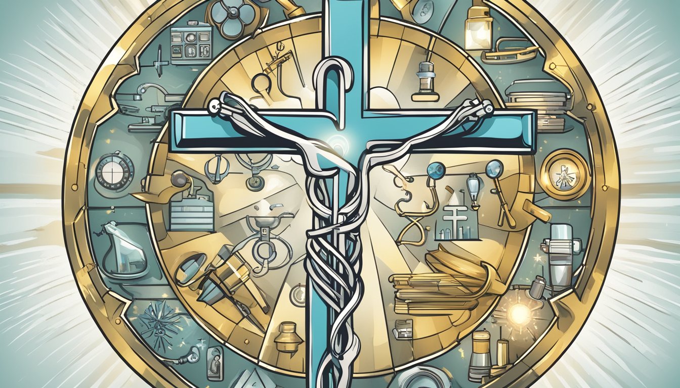 A medical cross surrounded by various symbols representing different illnesses, with a shining light illuminating the "dread disease policy" phrase