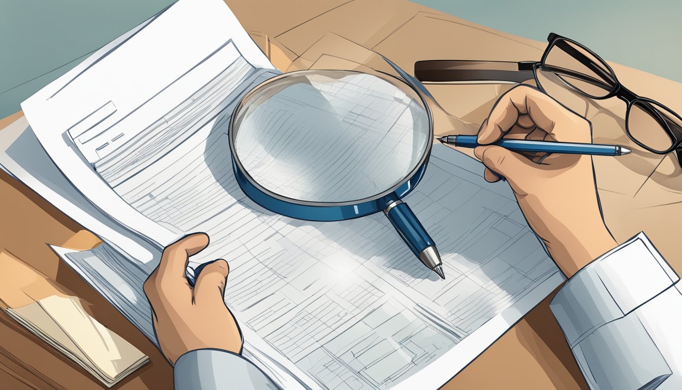 A person reviewing a document with a magnifying glass and a pen