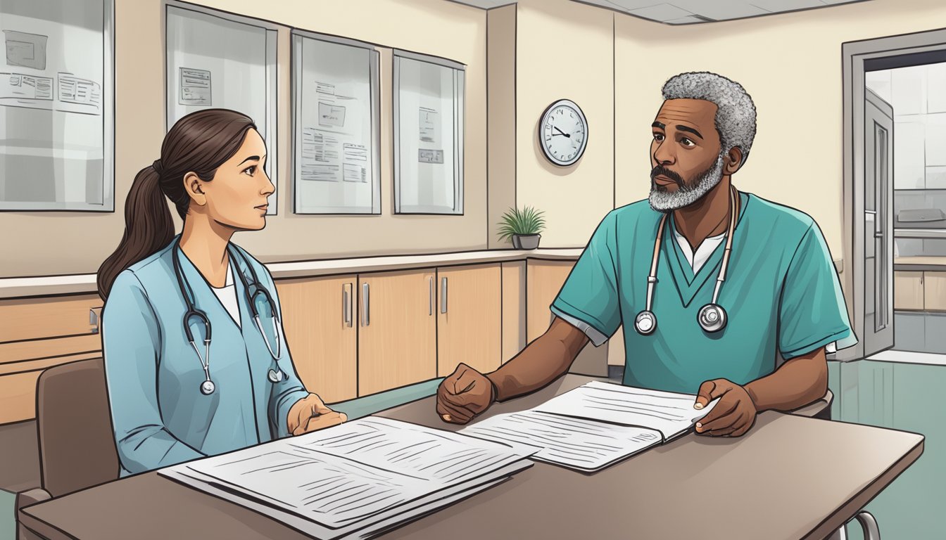 A doctor explaining dread disease policies to a patient in a hospital waiting room